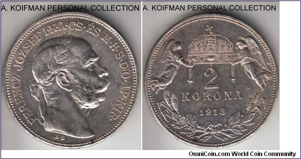 KM-493, 1913 Hungary 2 korona, Budapest mint (KB mint mark); silver, lettered edge; good extra fine to about uncirculated.