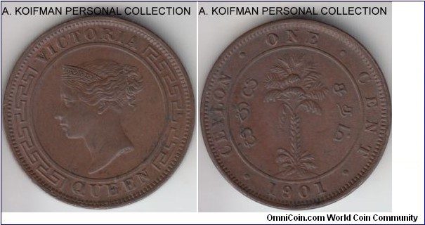 KM-92, 1901 Ceylon cent; copper, plain edge; nice liggle brown uncirculated coin, one of the smaller year Victoria mintage.