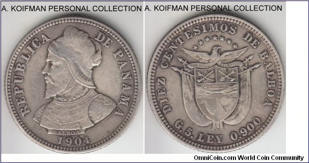 KM-3, 1904 Panama 10 centesimos; silver, reeded edge; scarcer issue with very fine details, but it had been cleaned.