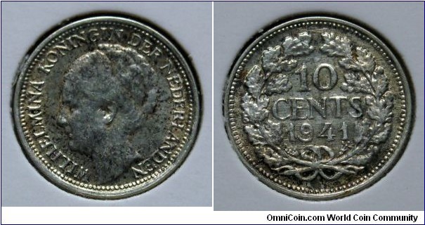 Netherlands 10 cents.
1941, Ag 640.