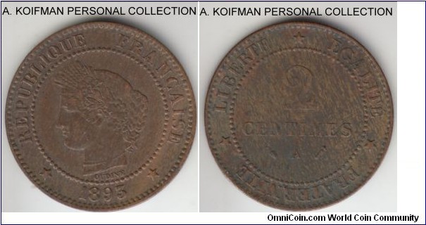 KM-827.1, 1893 France 2 centimes, Paris mint (A mint mark); bronze, plain edge; second scarcest year of the type, mottled toned uncirculated.