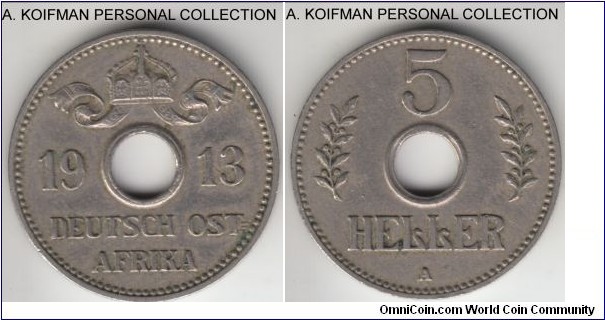 KM-13, German East Africa 5 heller, Berlin mint (A mint mark); copper-nickel, plain edge; very fine, cleaned, but the 2 year pre-war issue is scarce.