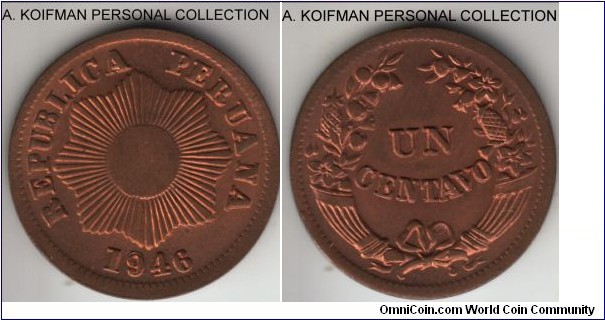 KM-211a, 1946 Peru centavo; bronze, plain edge; mostly red uncirculated, unlisted in Krause variety with 9 repunched in the date.