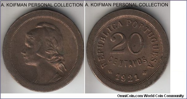 KM-571, 1921 Portugal 20 centavos; copper-nickel, segment reeded edge; bronze like toned, uncirculated or almost, some luster present.