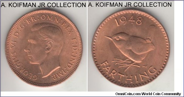 KM-843, 1948 Great Britain farthing; bronze, plain edge; George VI, last year of the type and common, nice red uncirculated.
