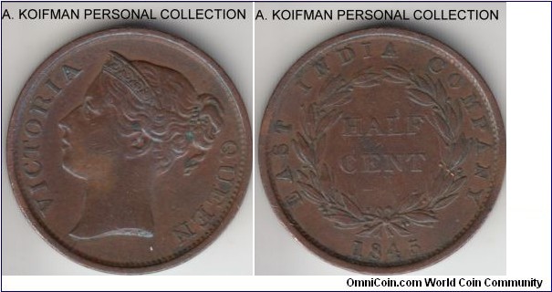 KM-2, 1845 East India Company 1/2 cent; copper, plain edge; good very fine or slightly better for wear, but there was an attempt to remove corrosion on the neck.
