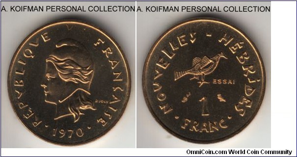 KM-E4, 1970 New Hebrides franc; essai, nickel-brass, plain edge; uncirculated or about; mintage 1,250.