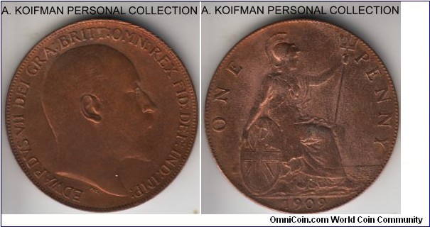 KM-794.2, 1909 Great Britain penny; bronze, plain edge; about uncirculated, slightly lighter than the scans show.