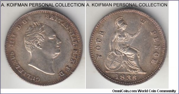 KM-723, 1836 Great Britain William VI groat (4 pence); silver, plain edge; uncommon denomination commonly found in high grades for the year because of the large mintage, pleasantly toned uncirculated.