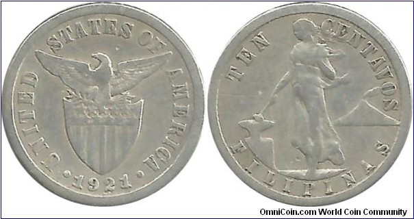 Philippines-USA 10 Centavos 1921 (2.00 g / .750 Ag)