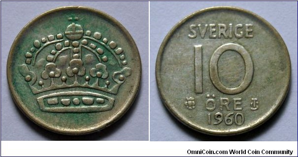 Sweden 10 ore.
1960, Ag 400.
