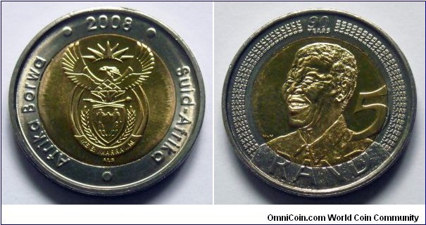 South Africa 5 rand.
2008, 90th Birthday of Nelson Mandela. Bimetal. Special thanks to Manfred.