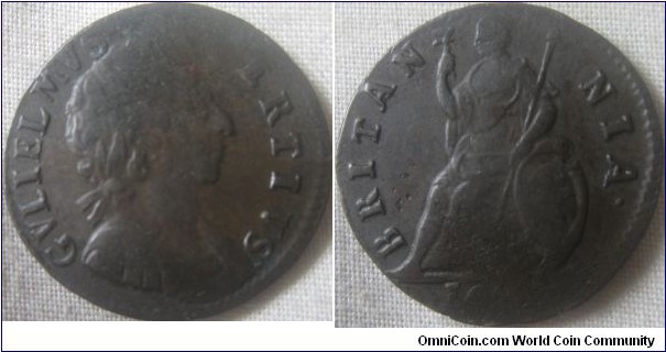 mid grade, poorly cast William 3rd farthing, possibly 1697