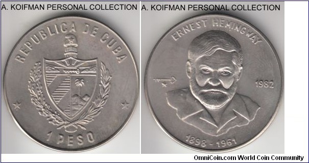 KM-88, 1982 Cuba peso; copper-nickel, plain edge; Ernest Hemingway commemorative, bust facing forward, good lightly toned uncirculated, mintage 7,000.