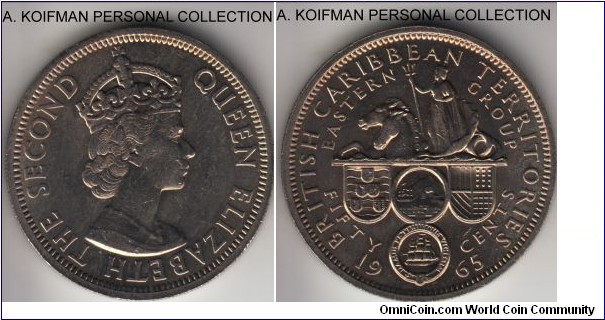 KM-7, 1965 British Caribbean Territories (East Caribbean) 50 cents; copper nickel, reeded edge; proof like uncirculated.