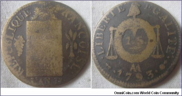 1793 1 Sol AA with date, fair grade