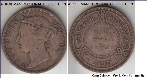 KM-9, 1895 British Honduras 25 cents; silver, reeded edge; fine details, pin pricks and attempted graffiti on obverse, mintage 40,000.