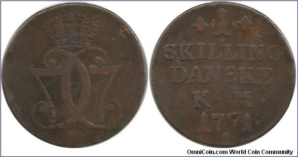 Denmark 1 Skilling Danske 1771 - Christian VII, 1766-1808 (This coin was minted from 1771 to 1786 with 