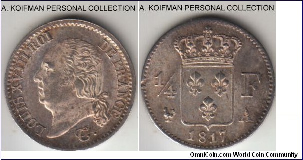 KM-714.1, 1817 France 1/4 franc, Paris mint (A mint mark); silver, plain edge; uncirculated or about with small flan defect on reverse, this is a most frequent year of the scarce type, mintage 100,000.