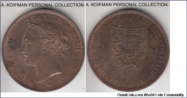 KM-8, 1894 Jersey 1/12'th of a shilling; bronze, plain edge; mostly brown uncirculated or about.