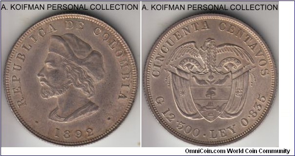 KM-187.1, 1892 Colombia 50 centavos; silver, reeded edge; 400'th anniversary of Columbus discovery of America, scarce in high grade, almost uncirculated with nice toning.