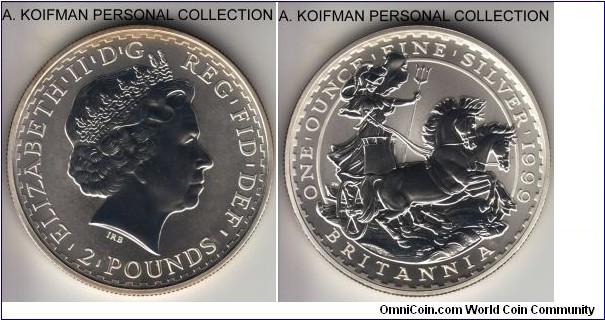KM-1000, 1999 Great Britain 2 pounds; proof, silver, reeded edge; Britannia in chariot, est mintage 100,000.