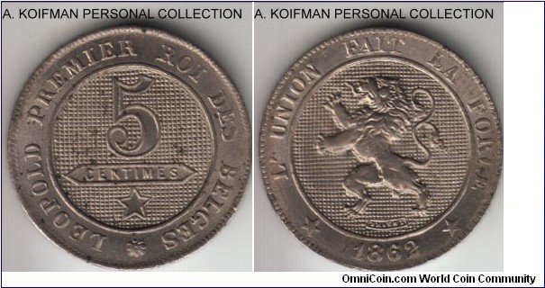 KM-21, 1862 Belgium 5 centimes; copper nickel, squares in the edge; as struck uncirculated but some weak strike spots and also few carbon spots.