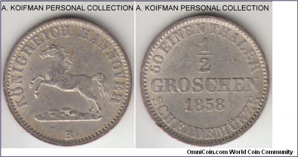 KM-235, 1858 German States Hannover 1/2 groschen; silver, plain edge; about uncirculated.