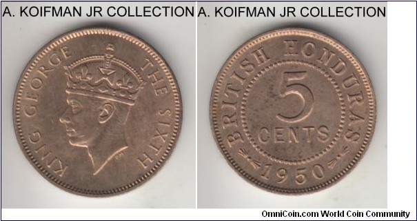 KM-25, 1950 British Honduras 5 cents; nickel-brass, plain edge; George VI, scarce year despite nominally large mintage, uncirculated.