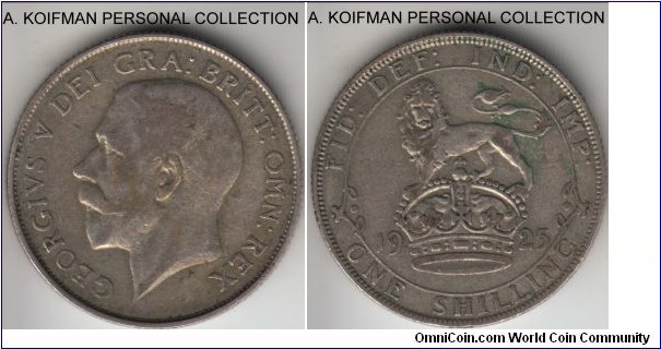 KM-816a, 1925 Great Britain shilling; silver, reeded edge; key date, smallest mintage of the type, about very fine.
