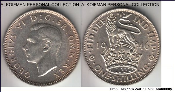 KM-853, 1946 Great Britain shilling, English crest; silver, reeded edge; about uncirculated.