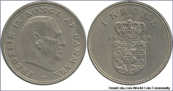 Denmark 1 Krone 1965-Frederik IX