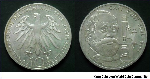 Germany (German Federal Republic) West Germany 10 mark. Carl Zeiss (1816-1888) Ag 625. Mintmark F - Stuttgart.