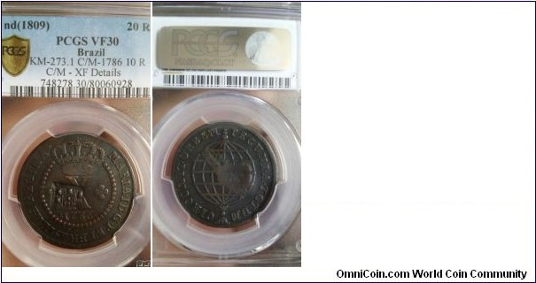 20 Rs C/M over 1786 10 Rs PCGS VF30