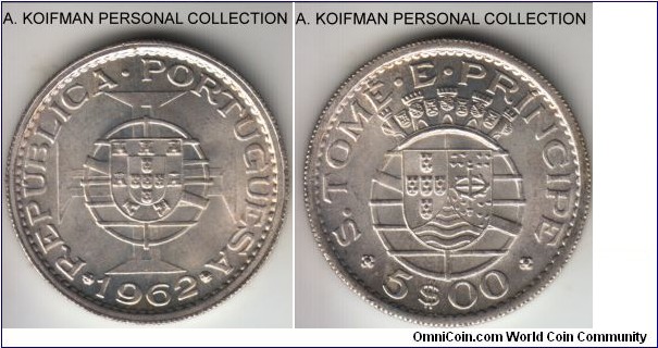KM-20, 1962 San Thomas and Prince 5 escudos; silcer, reeded edge; nice bright uncrculated, mintage only 88,000.