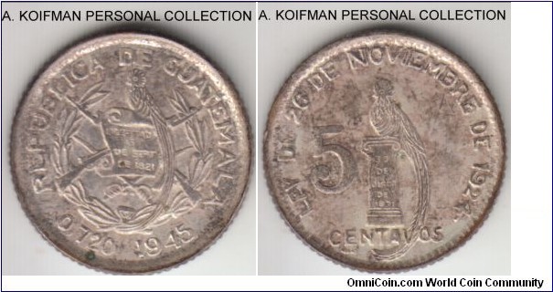 KM-238.1, 1945 Guatemala 5 centavos, silver, reeded edge; spotted toning, extra fine.