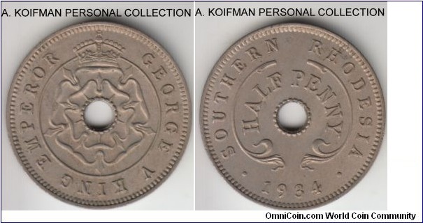KM-6, 1934 Southern Rhodesia half penny; copper-nickel, plain edge; toned uncirculated.