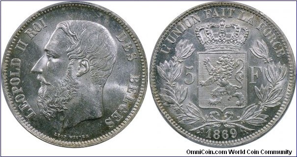 Belgium, Leopold II, Silver 5 Francs (5 Frank), 1869. KM# 24. PCGS MS63.