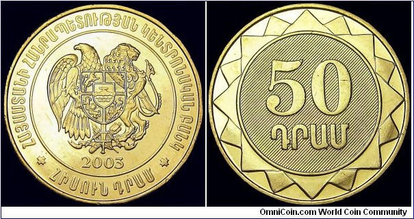 Armenia - 50 Dram - 2003 - Weight 3,45 gr - Brass plated steel - Size 21,5 mm - Thickness 1,45 mm - Alignment Medal (0°) - Obverse : National arms - Edge : Milled - Reference KM# 94 (2003)