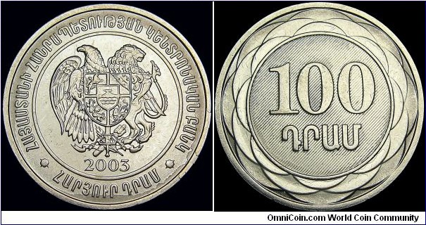 Armenia - 100 Dram - 2003 - Weight 4,0 gr - Nickel plated steel - Size 22,5 mm - Thickness 1,47 mm - Alignment Medal (0°) - Obverse : National arms - Edge : Reeded - Reference KM# 95 (2003)