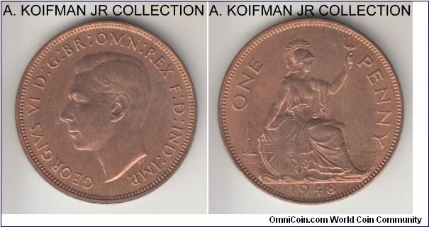 KM-845, 1948 Great Britain penny; bronze, plain edge; George VI, mostly red uncirculated.