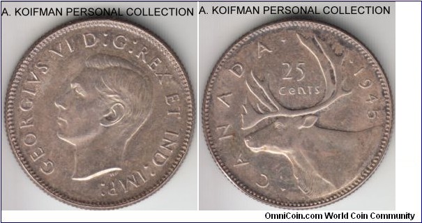 KM-35, 1945 Canada 25 cents; silver, reeded edge; toned, average uncirculated or about.