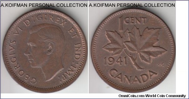 KM-32, 1941 Canada cent; bronze, plain edge; average brown uncirculated.