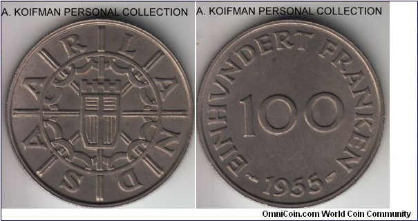 KM-4, 1955 Saarland 100 franken; copper-nickel, reeded edge; average uncirculated.