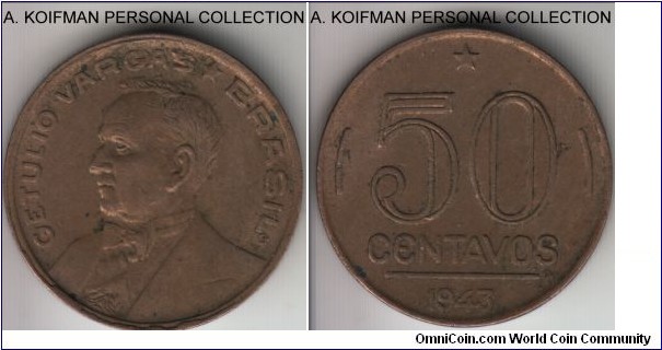 KM-557a, 1943 Brazil 50 centavos; aluminum-bronze, plain edge; extra fine or about.