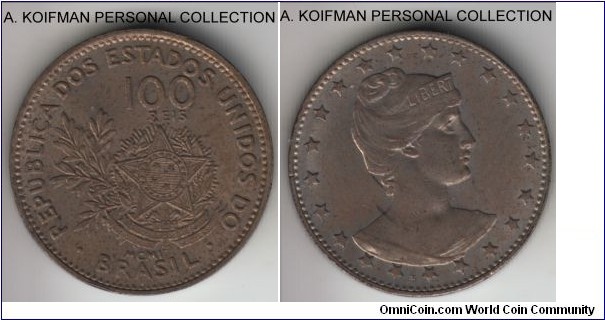 KM-503, 1901 Brazil 100 reis; copper-nickel, plain edge; dark toned uncirculated, date in Roman numerals on obverse, one year type.