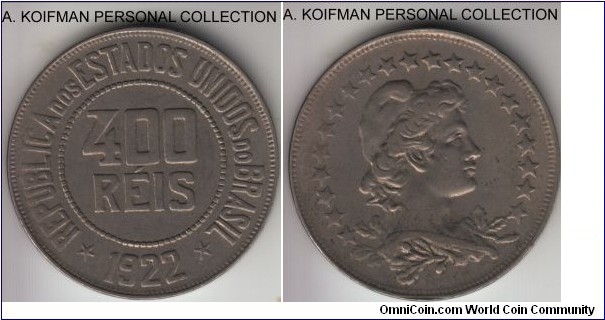 KM-520, 1922 Brazil 400 reis; copper-nickel, plain edge; about extra fine in my opinion, weak strike.
