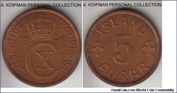 KM-7.1, 1931 Iceland 5 aurar; bronze, plain edge; lightly toned uncirculated or so.