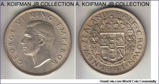 KM-11, 1941 New Zealand 1/2 crown; silver, reeded edge; George VI, uncirculated or almost.