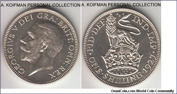 KM-833, 1927 Great Britain shilling; silver, reeded edge; modified effigy, choice proof, mintage 15,000.